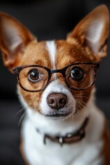  A small dog with brown and white fur wears glasses, gazing seriously at the camera