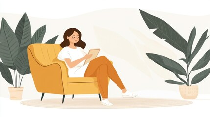 A cozy scene featuring a woman relaxing on a yellow chair, enjoying her time with a tablet in a plant-filled environment.