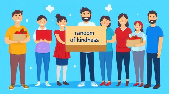 A diverse group of people celebrating kindness with smiles, holding gifts and a sign that says 'random of kindness.' - Powered by Adobe