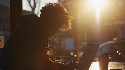 Silhouette of Person Working on Laptop at Sunset