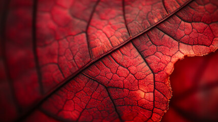 Close-up view of a vibrant red leaf showcasing intricate textures and natural patterns