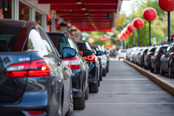 Obraz premium A row of cars are parked in a lot, with a few of them being red