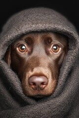  A tight shot of a dog wearing a blanket over its head and a hood covering its face