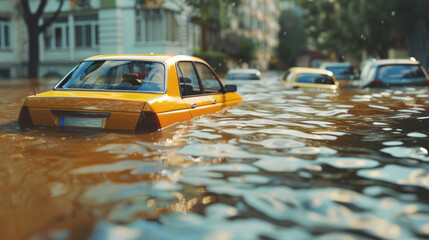 A yellow taxi is driving through a flooded street