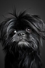  A black-and-white image of a long-haired dog gazing at the camera