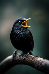 Fototapeta premium A black bird with a yellow beak is perched on a branch, beak agape