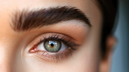 Close up of female eye with bright makeup and brush applying mascara on eyelashes