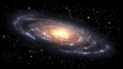 A Spiraling Galaxy with a Bright Center in a Dark Space Filled with Stars