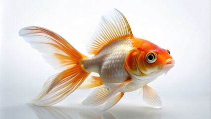 goldfish swimming gracefully on white surface, showcasing its vibrant orange and white colors. delicate fins and expressive eyes add to its charm and beauty
