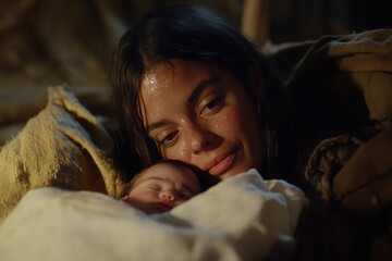 A close-up for Mary and baby-Jesus, Mary, after giving birth to Jesus in the stable, exhausted but joyful. Her sweaty forehead and flushed cheeks show her effort, while her tired eyes glow with joy. 