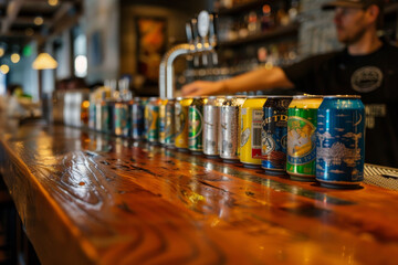 A row of beer cans on a wooden bar counter