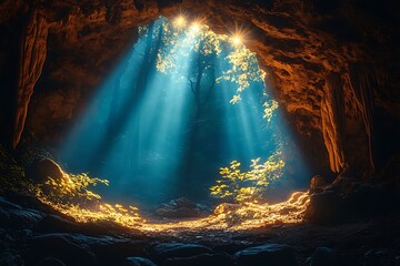 Fototapeta premium Sunbeams illuminate a mysterious cave, revealing a hidden forest within.