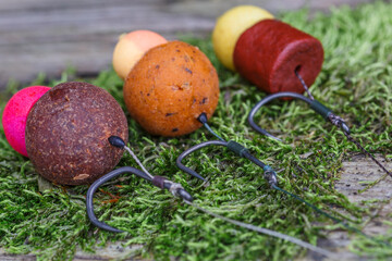 Carp fishing chod rig.The Source Boilies with fishing hook. Fishing rig for carps,Carp boilies, corn, tiger nuts and hemp.Carp fishing food boilies.