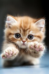  A close-up of a kitten with one paw on the ground and two paws curled under