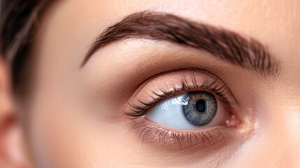 Obraz premium Close up of female eye with bright makeup and brush applying mascara on eyelashes