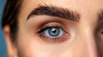 Obraz premium Close up of female eye with bright makeup and brush applying mascara on eyelashes