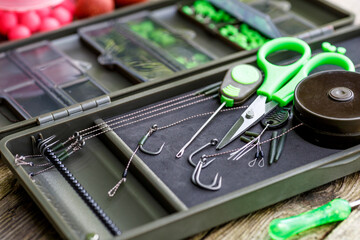Fishing adventures, carp fishing.A large fisherman's tackle box fully stocked with lures and gear...