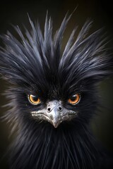  A tight shot of a black bird with vibrant orange eyes and an extensively feathered head
