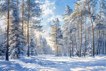 Fototapeta premium A snowy forest with trees and a clear blue sky