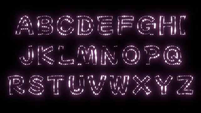 Set of purple neon alphabet on black background. Uppercase letters are designed with flashing lights