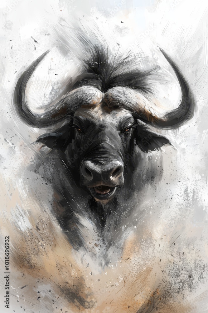 Wall mural a painting of a bull with extended horns above its head and a brown spot, centrally located in the i