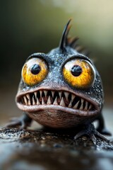 Fototapeta premium yellow eyes, wide grin revealing sharp teeth