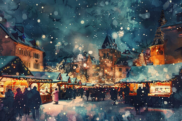 Obraz premium A painting of a snowy town square with people walking around