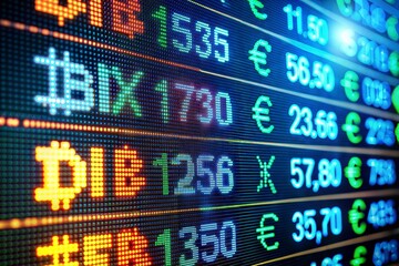 Close-up of led display with currency symbols and stock market data