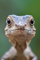 Fototapeta premium A tight shot of a lizard's face against a softly blurred backdrop of grass and trees