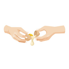 Two hands cracking an egg with yolk and white spilling out. Vector illustration