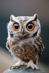 Fototapeta premium A tiny owl perches on a rock, its orange eyes contrasting the blurred backdrop