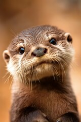  A close-up of an otter looking up at the camera with a blurred background