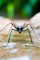  A tight shot of a mosquito perched on a rock in the center of a water body, surrounded by a green leafy background