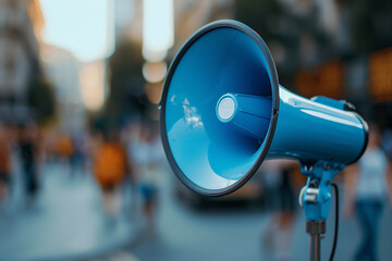 A large blue megaphone is on a street with people walking by
