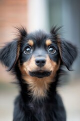  A tight shot of a small dog displaying a humorous expression, surrounded by a softly blurred background