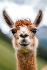 Obraz premium A close-up of a llama's face with a mountain in the background