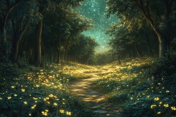 Obraz premium magical forest glen where shamrocks grow in spiraling fractals glowing with bioluminescent energy under a starlit emerald sky