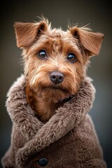  A small, sad-faced brown dog in a coat gazes at the camera