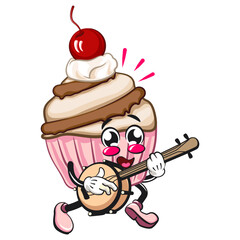 kawaii cartoon cupcake with cherry on top character mascot isolated vector illustration playing the banjo musical instrument, work of hand drawn