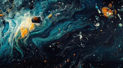 Oil slicks and plastic floating in the ocean, creating a stark contrast between the dark oil and bright plastic waste in polluted water.