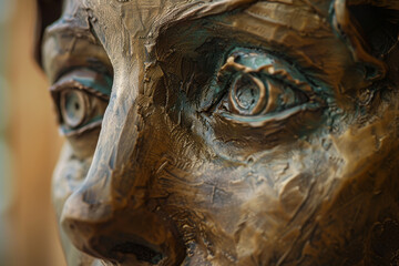 Fototapeta premium A bronze statue of a woman's face with a greenish tint