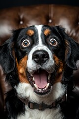  A black-and-brown dog with white spots sits on a brown chair, tongues out and mouth agape