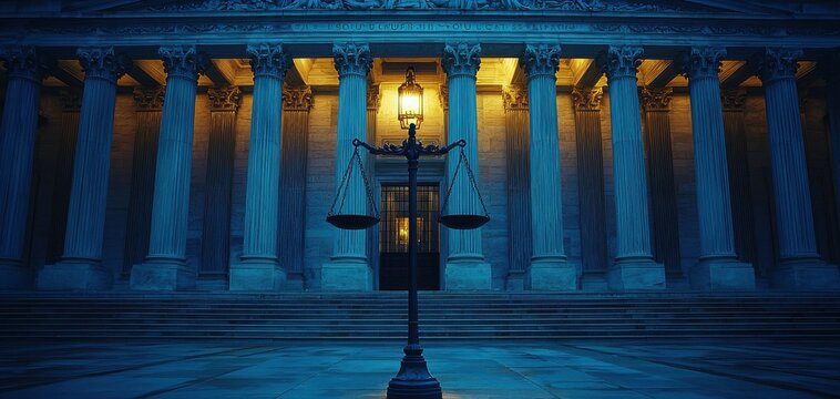 Scales of justice in front of a grand courthouse with illuminated pillars.