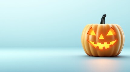 An unlit Halloween Jack O Lantern isolated on a widescreen pale blue background