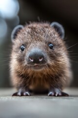  A tight shot of a small rodent gazing at the camera from a weathered wood floor Background softly blurred