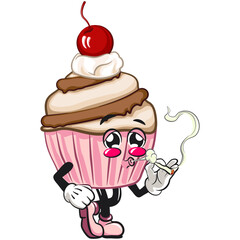 kawaii cartoon cupcake with cherry on top character mascot isolated vector illustration smoke calmly, work of hand drawn