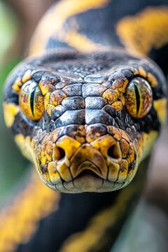  A tight shot of a snake's head, showcasing its yellow-and-black striped body and expressive eyes