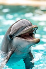  A tight shot of a dolphin in a pool with its mouth ajar