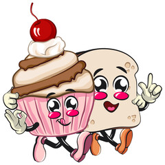 kawaii cartoon cupcake with cherry on top giving a sign ok walking with sandwich bread cartoon character mascotisolated vector illustration, work of hand drawn