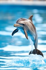 Naklejka premium A dolphin leaps from the water, mouth agape, head above surface